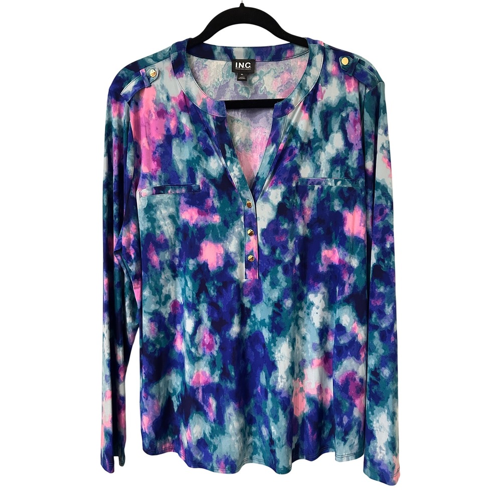 INC International Concepts Boho Watercolor Tie Dye Long Sleeve Blouse Top XL EUC